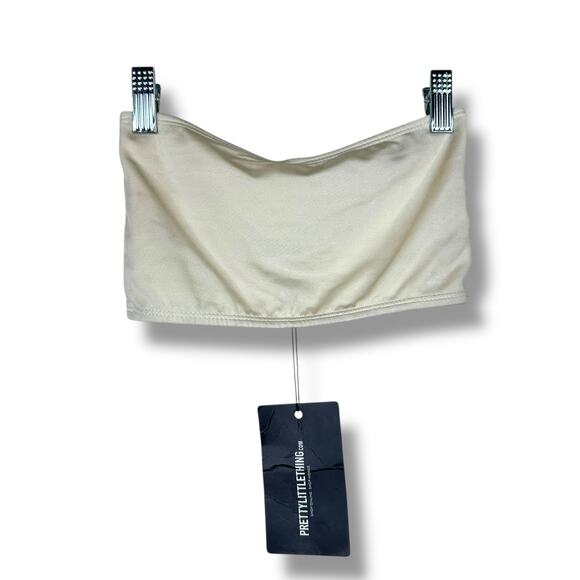 PrettyLittleThing Cream Hammered Trim Bandeau & High Waist Bikini 2-Piece Set - Picture 7 of 13